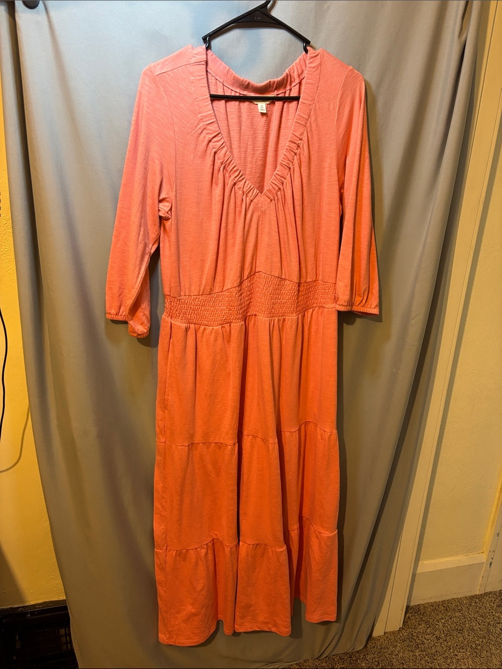 Coral Tiered V-Neck Smocked-Waist Maxi Dress